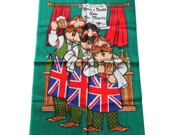 Vintage Souvenir Tea Towel Royalty Barmen Majesty Toast Linen Blend 1970s
