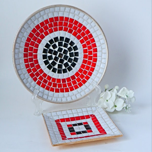2 Vintage Mosaic Tile Plates Retro Round Square Ashtray Trinket Dish Handmade 1960s Tobaciana