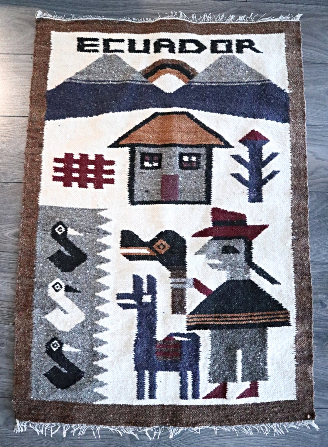 Vintage Ecuador Hand Woven Wool Tapestry Wall Hanging Fringe Hand Made ...