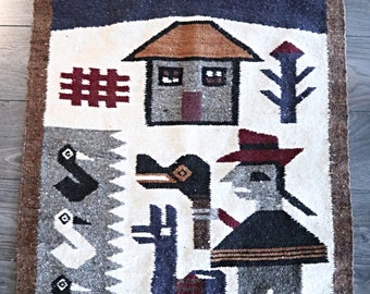 Vintage Ecuador Hand Woven Wool Tapestry Wall Hanging Fringe Hand Made Mid Century