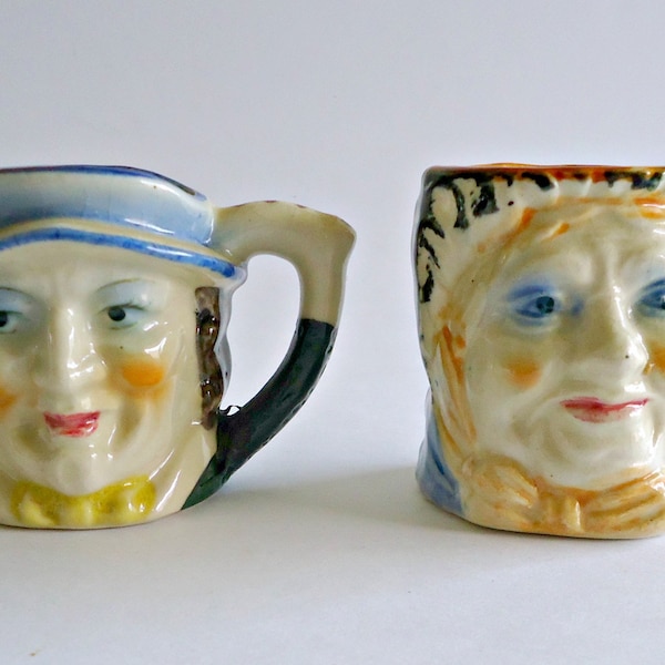 2 Occupied Japan Small Toby Mugs Colonial Man & Woman Vintage