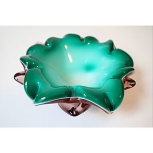 Vintage Murano Cased Glass Bowl Purple Green White Bowl Ashtray MCM 8&quot; Tobaciana