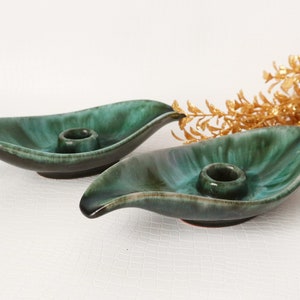 Vintage Blue Mountain Pottery Candle Holders Green Flow Glaze  BMP
