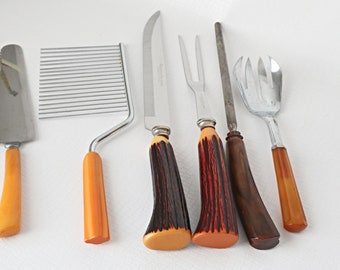 Vintage 6 Bakelite Utensil  Meat Fork Carving Knife Cake Cutter Lifter Lot I