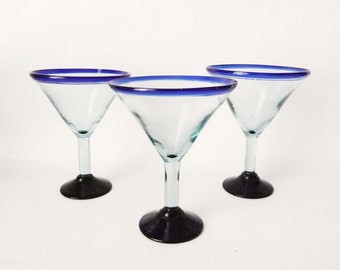 3 Vintage Margarita Glasses Hand blown Mexico glassware 100% Recycled Glass Barware