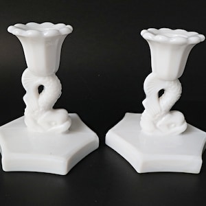 Vintage Westmoreland Milk Glass Fish Candleholders Candlesticks