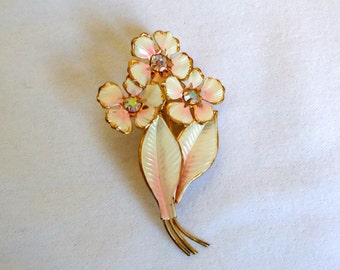 Vintage Brooch Pink Enamel Aurora Borealis Rhinestones Pin Mid Century