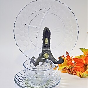 Sapphire Blue Bubble Grill Plate with Cup and Saucer Anchor Hocking 1960&#39;s