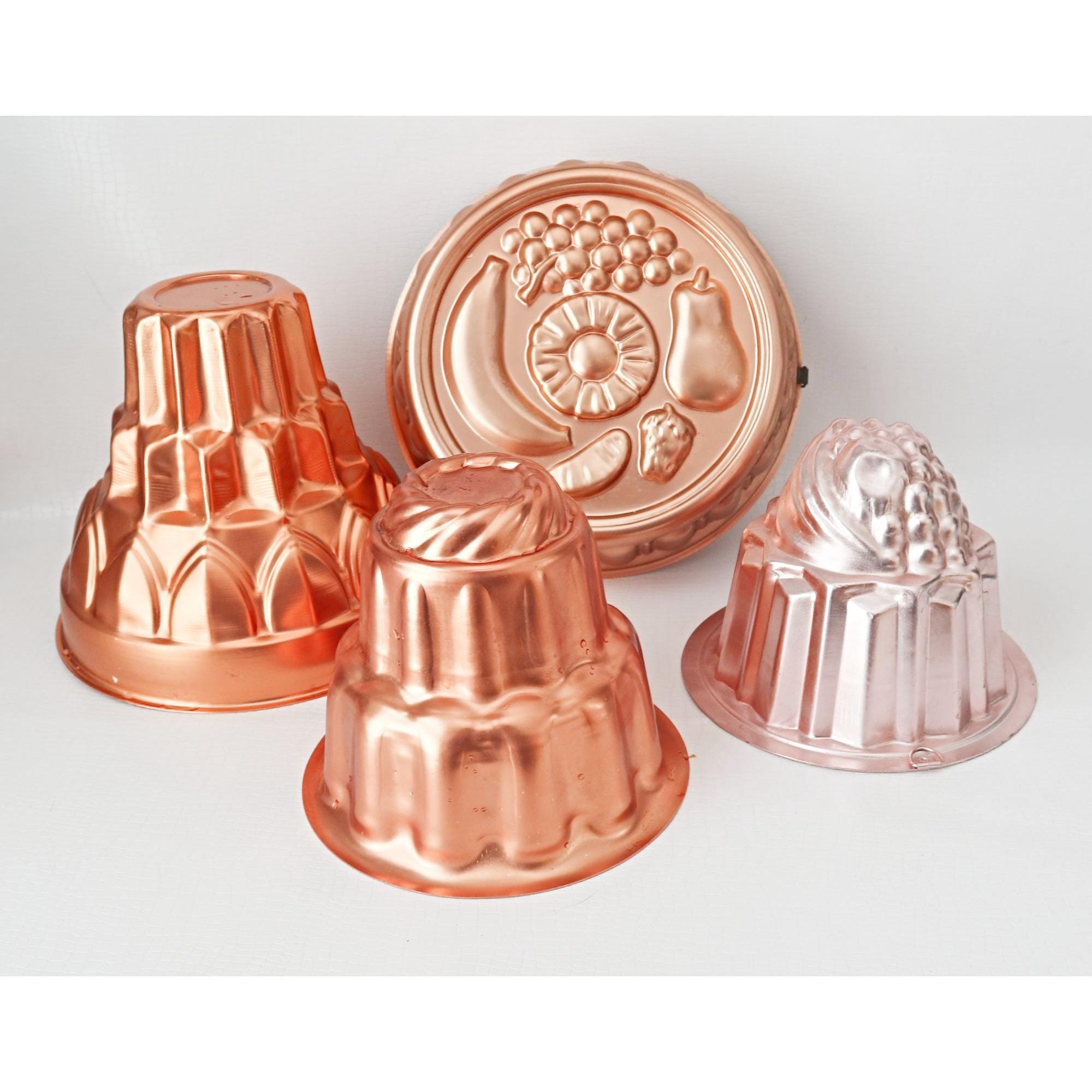 Set of 4 Vintage Copper-tone Jelly Molds With Fruit & Geometric