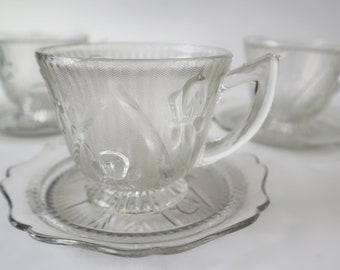 3 Depression Glass Iris And Herringbone Cups And Saucers Jeanette 1930s