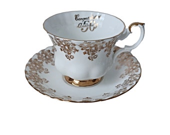 Royal Albert Teacup and Saucer 50th Anniversary Gold Filigree Vintage Tea Cup Porcelain