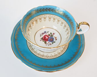 Aynsley Teacup and Saucer Vintage Tea Turquoise With Gold Gilt