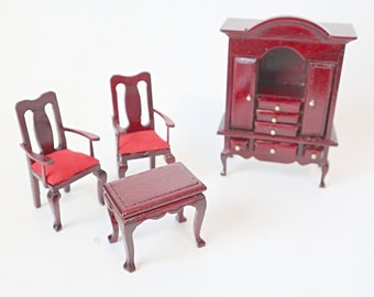 Vintage Dollhouse Furniture Wood 2 Chairs Side Table Cabinet Miniature