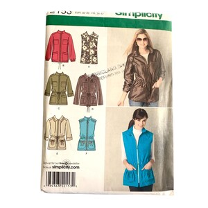 May include: A Simplicity sewing pattern envelope, number 2153, featuring illustrations of jackets and vests with drawstring waists, front pockets, and zips. The cover displays two photographs of finished garments in brown and bright blue.