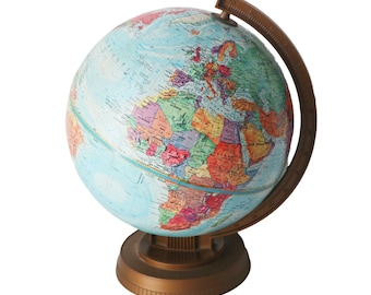 May include: A colorful, detailed globe with a bronze-colored base and meridian. The globe features a light blue ocean and continents in various colors, showcasing political boundaries. The globe is a classic educational tool.