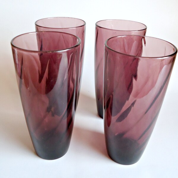 4 Moroccan Amethyst Goblets Ice Tea Glasses Hazel Atlas Glass 1960's