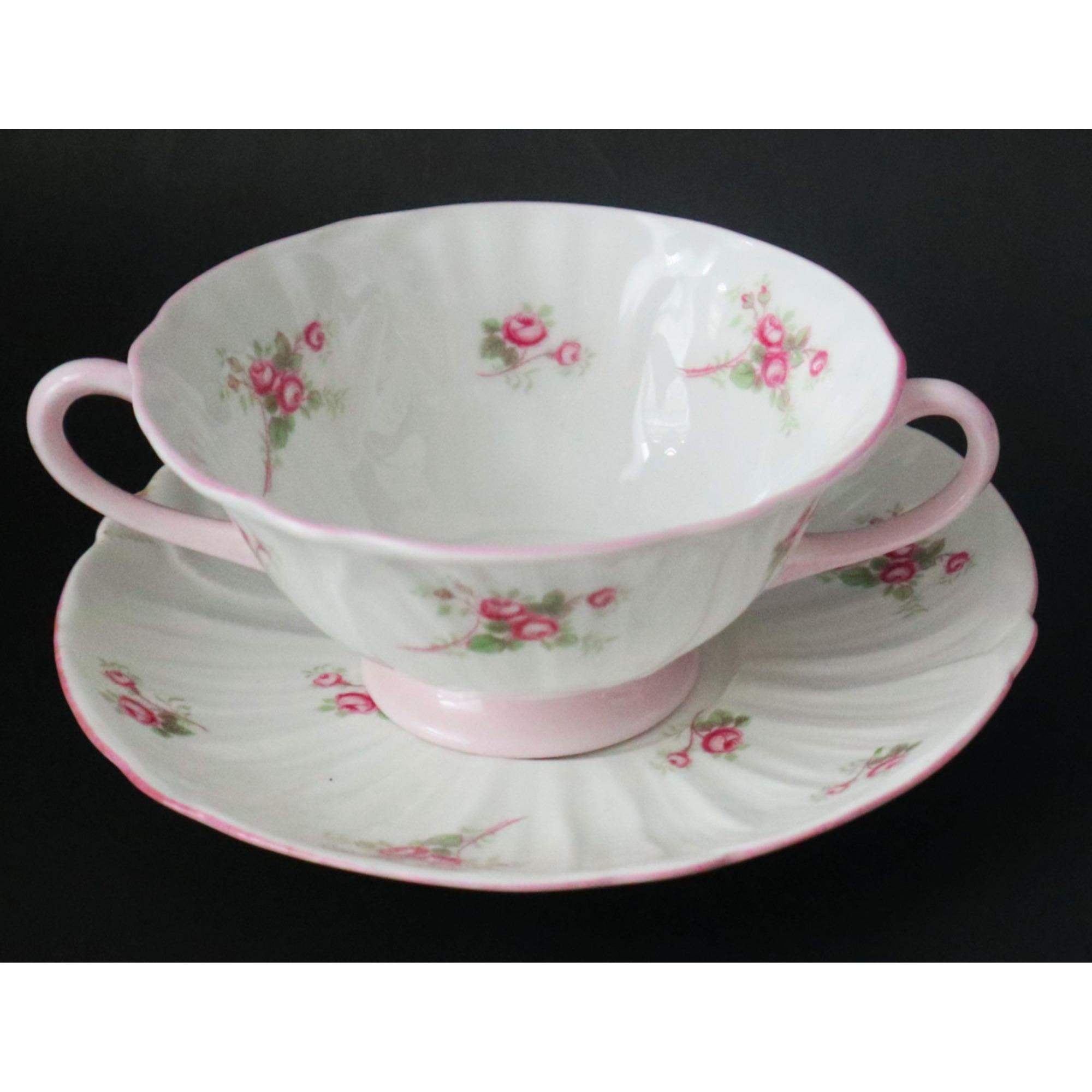 Vintage Shelley Bridal Rose Pink Oleander Handled Cream Soup With