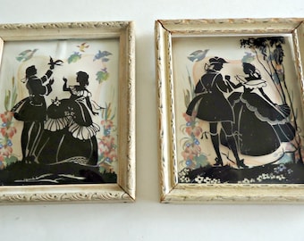 2 Vintage Silhouette Reverse Painting on Glass Courting Colonial Couple 1940's