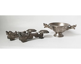 Vintage Chinese Nickel Silver Dragon Chopstick Rest Spoon Rest & Goblet Serving Bowl