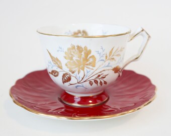 Vintage Aynsley Teacup and Saucer Tea Cup With Gold Floral Bouquet Burgundy Bone China