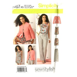 May include: Simplicity sewing pattern 1467 K5, featuring women's clothing designs. The pattern includes a jacket, top, skirt, and trousers. The size range is Euro 34-42 and French 36-44. The pattern is in English, Spanish, and French.