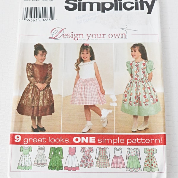 Vintage Simplicity 7627 Sewing Pattern Girls Design Your Own Dress Sleeveless Short or Long Sleeves Flared Skirt Size 5 6 7 8 Uncut