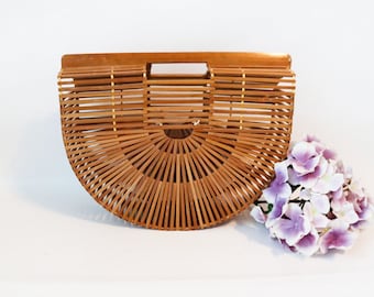 Vintage Bamboo Half Moon Cage Purse Basket Handbag 1970s
