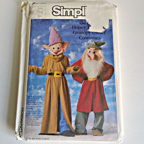 Simplicidad #7736 - Patrón de costura para disfraz de Walt Disney Dopey Dwarf & Grumpy Dwarf - Adultos Talla Mediana 36 - 38