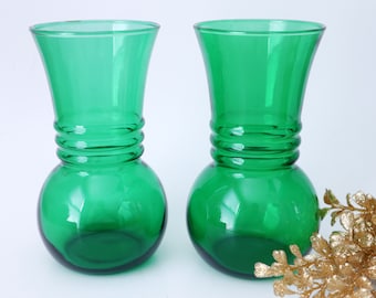 2 Vintage Forest Green Vases Anchor Hocking Vase  1960's