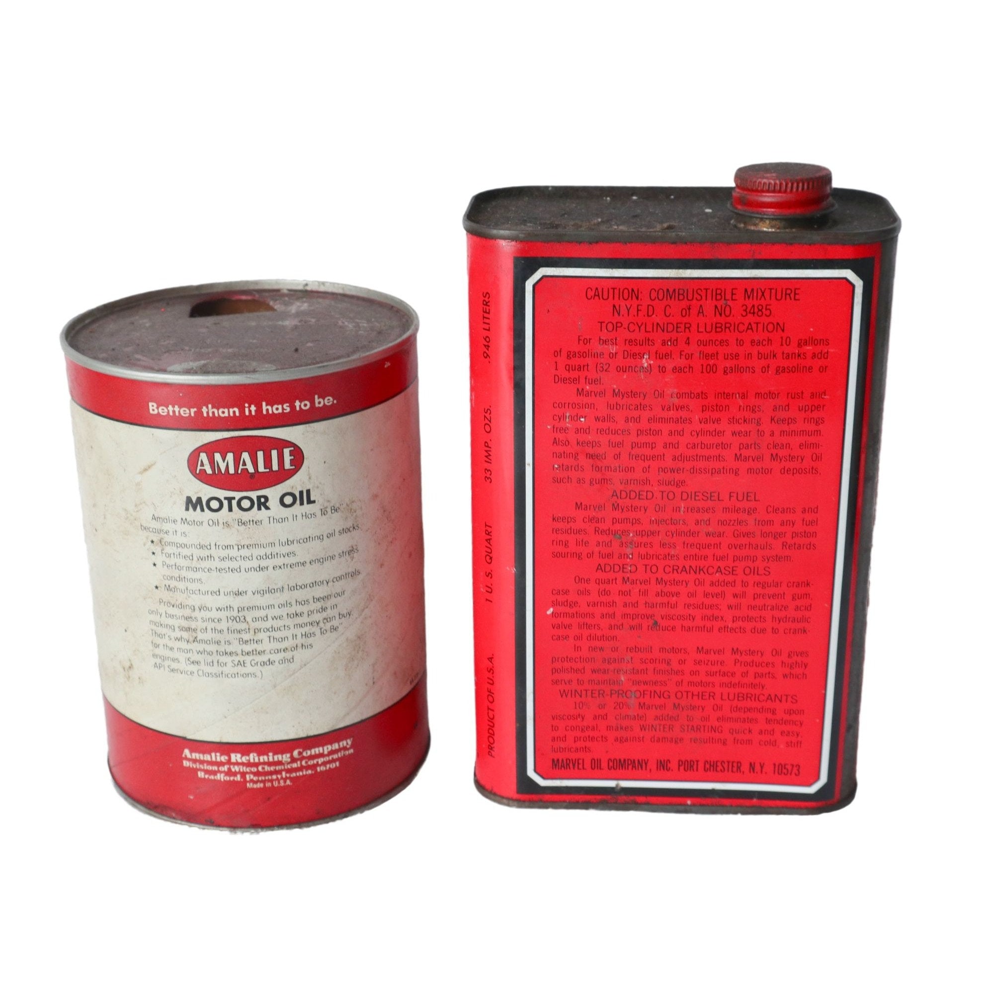 2 Vintage Advertising Motor Oil Tins Amalie & Marvel Mystery Oil