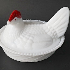 Vintage Milk Glass Chicken on Nest Hen Candy Dish Hen on Nest Farmhouse Style