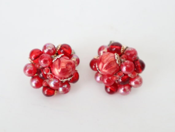 Vintage Earrings Clip On Beaded Cluster Shades of… - image 1