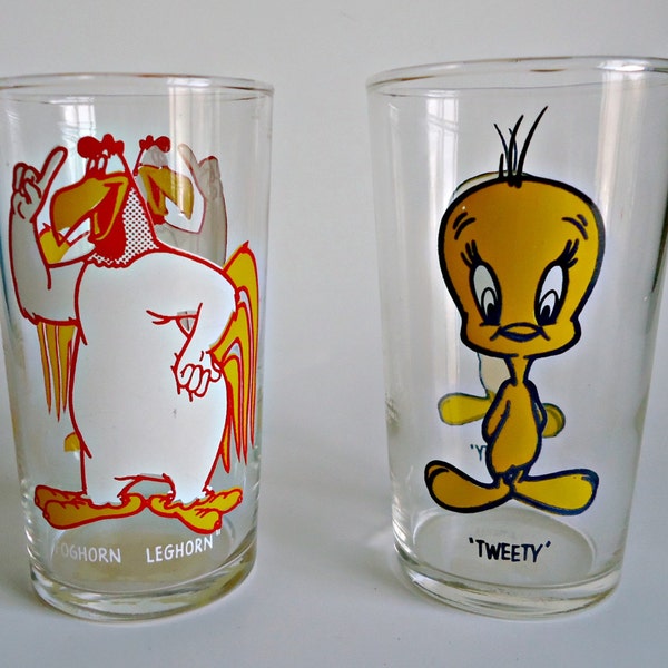 2 Vintage Character Glasses Forhorn Leghorn & Tweety Bird Pepsi 1975