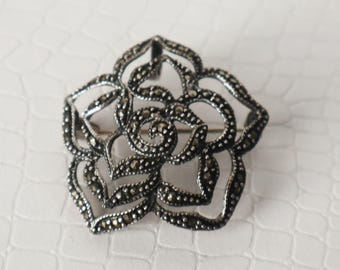 Vintage Sterling Silver 925 Flower Brooch Pin Rose Marcasite or PENDANT