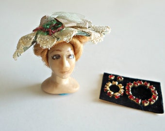 Vintage 1" Scale Miniature Doll Head with Hat & Jewelry Dollhouse Diorama 1970's