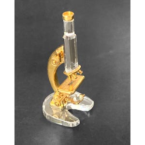 May include: A miniature microscope figurine crafted from clear glass and gold-toned metal. The piece features a transparent glass base and vertical tube, accented by a gold-colored frame, adjustment knobs, and a stage, creating a detailed replica.