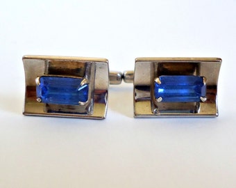 Vintage Cufflinks Retro Hickok Blue Rhinestone Cuff Links Mid Century 1950's