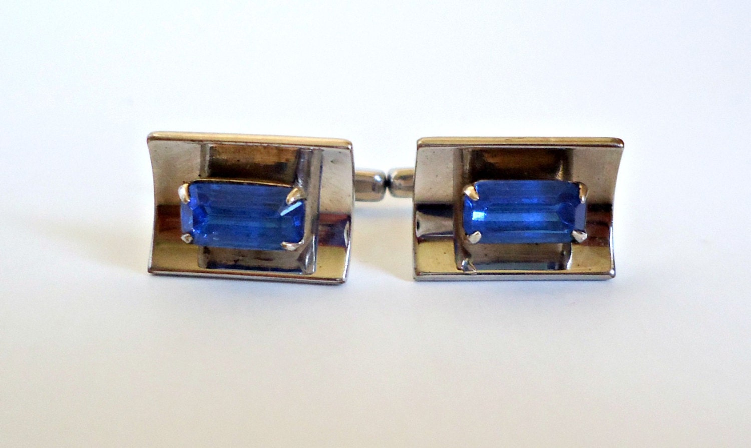 Vintage Hickok Cuff Links: Retro Silver Tone With Blue Rhinestones