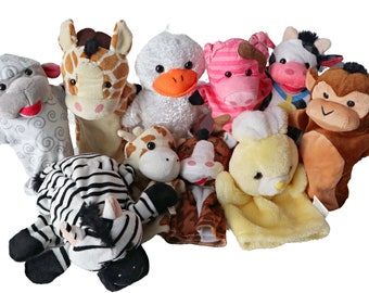 10 Vintage Animal Puppets Giraffe Duck Lamb Monkey Cow Pig Zebra Rabbit  Soft Hand Puppets