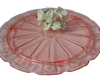 Pink Doric Depression Glass Cake Plate Serving Dish Jeannette 1930's