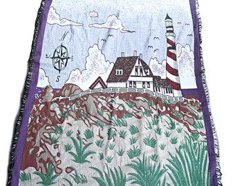 Vintage Woven Tapestry Throw Blanket Fringed Lighthouse