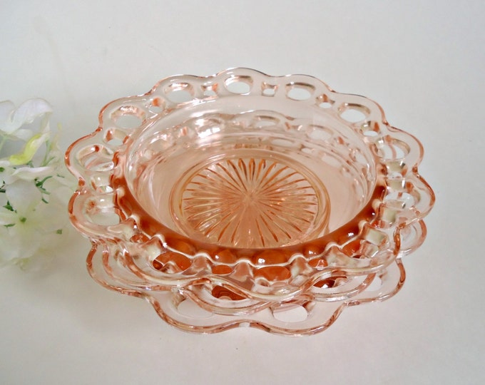 3 Pink Depression Glass Cereal Bowls Open Lace Old Colony Etsy