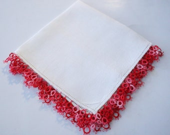 Handkerchief Hanky Hankie Vintage White With Pink Tatted Edge