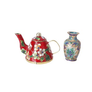 2 Vintage Miniature Cloisonne Teapot & Vase Enamel Paint