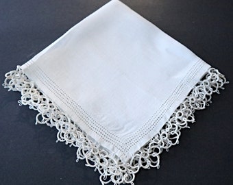 Handkerchief Hanky Hankie Vintage White Embroidered  Tatted Edge