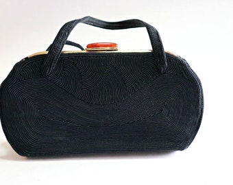 Vintage Black Cloth Purse & Leather Change Purse Spiral Cording 1940&#39;s