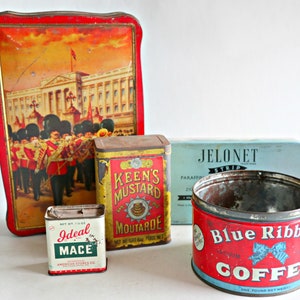 5 Vintage Advertising Tins Blue Ribbon Coffee Royal Guards Mustard Instant Collection 1950's