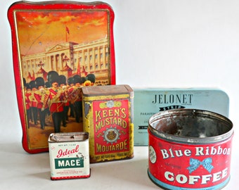 5 Vintage Advertising Tins Blue Ribbon Coffee Royal Guards Mustard Instant Collection 1950's