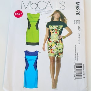 McCall&#39;s 2401 Sewing Pattern Lined Dresses Tapered Above-Mid-Knee Contrast Side Front Figure Flattering Size 4 6 8 10 12 Uncut