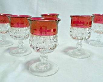 6 Kings Crown Liquor Glasses Wine Glasses Tiffin Thumbprint Drinking Glass  Ruby Flash 1960's
